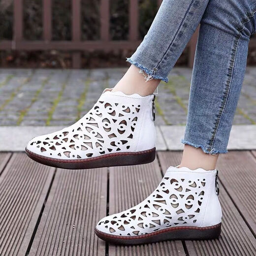 Nyckjk Rindfleisch Sehne Sohle Sandalen für Frauen im Sommer Hohlloch hohe obere Sandalen flache Sohle weicher Sohle nicht rutscher Mutterschuhe Casual Trend 9902 Schwarze Stoffschuhe 35
