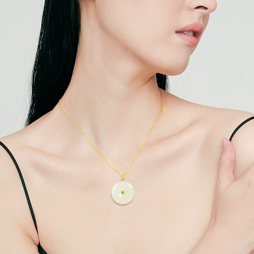 Jincuixi luxury high-end women's 18K gold inlaid necklace old material Hetian jade green and white jade safety buckle square jade pendant Hetian white jade safety buckle skin-friendly lanyard (size 45cm