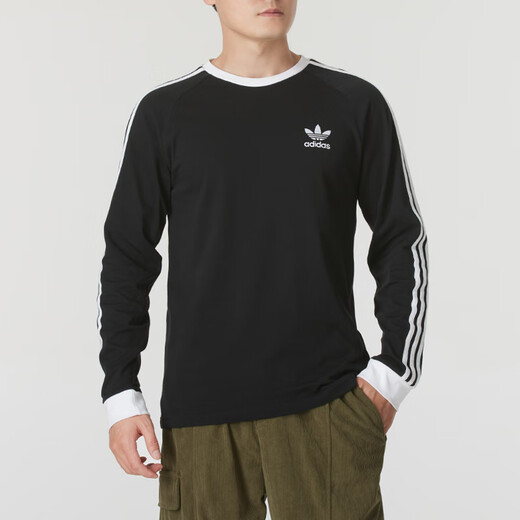 三叶草（Adidas）长袖T恤男 时尚三条纹宽松舒适透气运动休闲打底衫 IA4877 L
