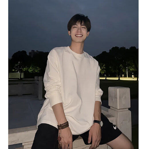 NYING American heavyweight pure cotton right shoulder long-sleeved T-shirt for men 25 spring and autumn new trendy casual large size loose top black XL (125-145Jin Jin equals 0.5 kg)