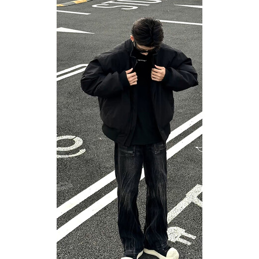 Star Reaching Boys Three-piece Flight Jacket Cotton Jacket Men's Winter Thickened American Cotton Jacket Work Wear Short Suit Baseball Uniform Black Cotton Jacket + Pure Black Long T + Black Jeans XL