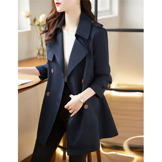 Shang Jing windbreaker jacket for women mid-length small double-breasted solid color high-end fashion slimming windbreaker Navy blue XL
