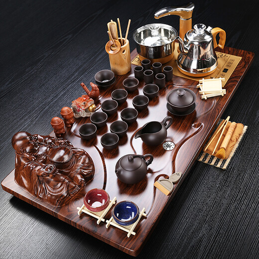 Hongguan complete set of purple sand ceramic kung fu tea set tea tray with kettle integrated wooden tea table tea sea tea ceremony home use 01 model ingot sitting Buddha + Xishi purple sand