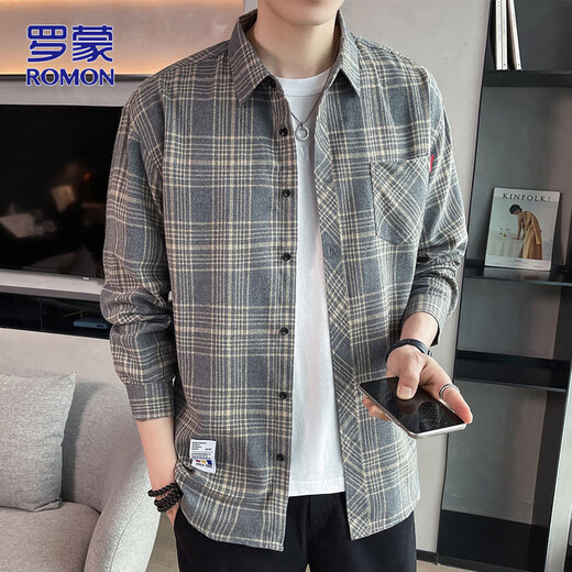 ROMON long-sleeved shirt men's autumn and winter loose men's shirt trendy plaid casual shirt jacket gray 2XL