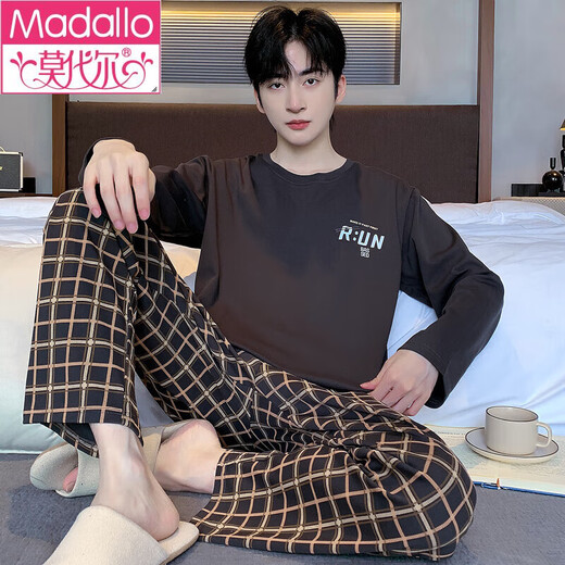 莫代尔100%棉新款男士睡衣秋季纯棉长袖长裤家居服套装男款套装男款 9923 L (110斤-140斤)