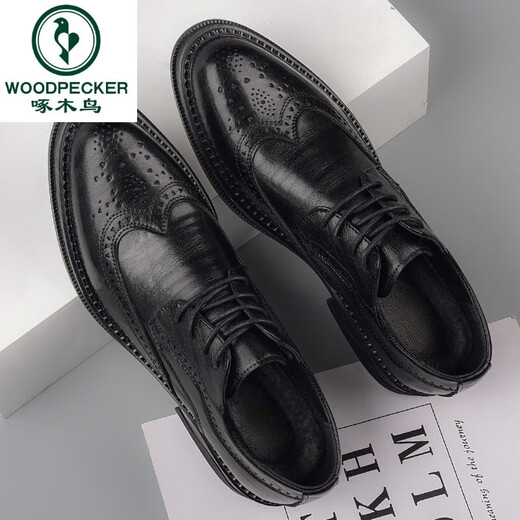 Zapatos de cuero Woodpecker Punta puntiaguda para hombre Estilo británico formal Brogue Tallado Casual para hombre Versátil Suela suave Moda Zapatos de moda Verano Negro 1381 Estilo hueco 42