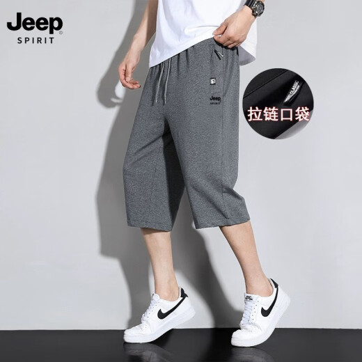 JEEP SPIRIT吉普纯棉七分裤男款夏季薄款宽松中裤2025新款跑步休闲直筒短裤男 黑色直筒 2XL （建议125-145）斤