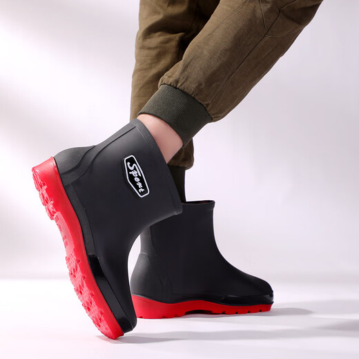 Huilijun fixed velvet rain boots fashionable men's integrated molding thickened rain boots autumn and winter outdoor work wear-resistant non-slip rubber shoes for men WZ698 short tube: black [tarp] standard 42 high quality