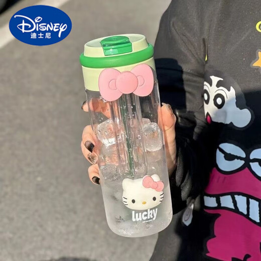 迪士尼（Disney）高颜值水杯可爱学生ins女生吸管便携耐高温防摔塑料杯 紫色【kt蝴蝶结+kt猫】 701ml