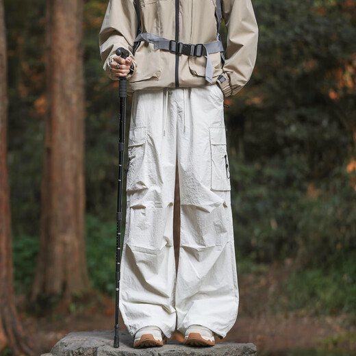 SWAMP AREA伞兵冲锋裤男春夏薄款褶皱登山裤直筒运动休闲冰丝裤WS701米白色L