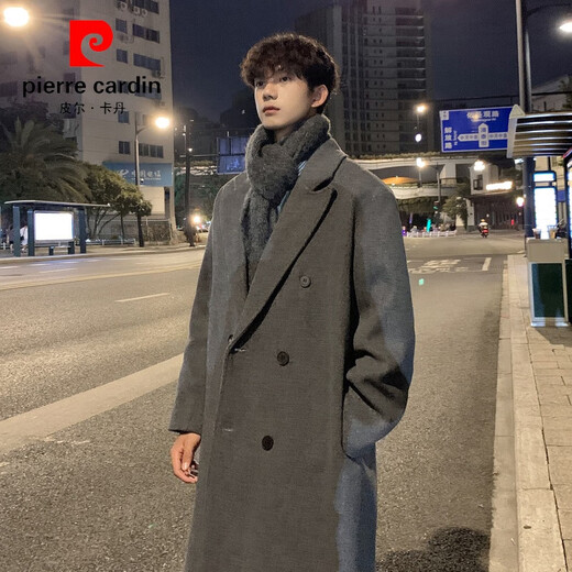 Pierre Cardin Korean style winter trendy thickened woolen coat men's British style 2024 casual extra long over-the-knee woolen windbreaker jacket black 3XL