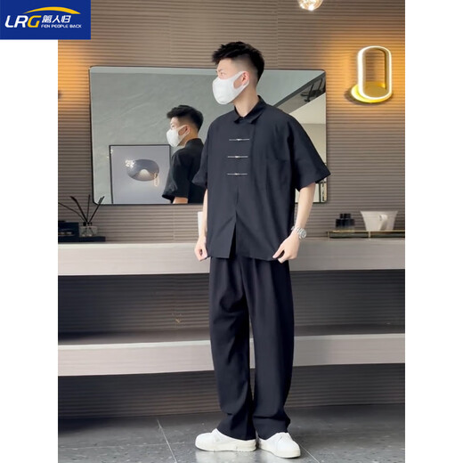 Li Rengui cold style suit men's new Chinese style short-sleeved shirt and trousers summer suit cool salt style two-piece set two-piece set white shirt + brown pants L 120-135 Jin Jin equals 0.5 kg can be worn