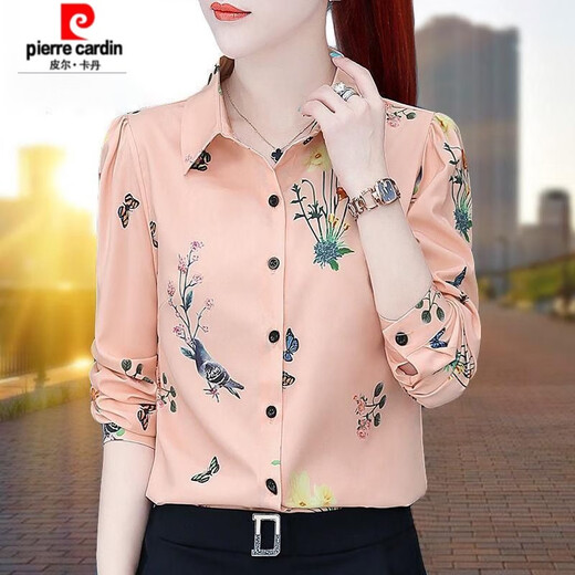 皮尔卡丹（pierre cardin）印花衬衫女长袖春秋装新款洋气雪纺衬衣中妈妈减龄百搭洋气上衣 LRJ 3519 大红 M (建议90-100斤)