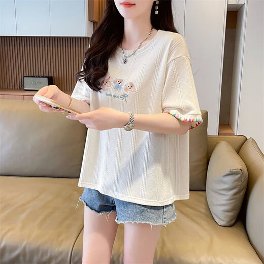 AEMAPE夏装女装刺绣白色短袖T恤女2025新款夏季小个子上衣夏天衣服 KM9277-蓝色 M 建议80-110斤
