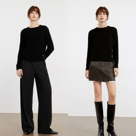 ELLE 100% sheep wool gray round neck wool sweater for women 2024 winter new year style sweater black (upgraded version) L