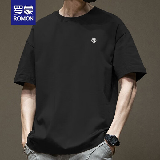 Romon Trendy Camiseta de manga corta americana para hombres en algodón de verano Cuello redondo versátil Casual 2025 Nueva camiseta de estilo Hong Kong White White 1365 Cotton de manga corta S [sugerido 80 110Jin [Jin iguala 0.5 kg]]]