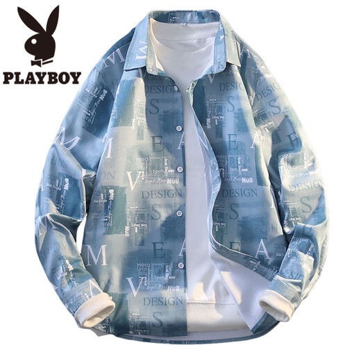 花花公子（PLAYBOY）痞帅印花衬衫男春夏季舒适透气港风外套男青少年宽松休闲沙滩衬衣 6169蓝色 L 约110-125斤可穿