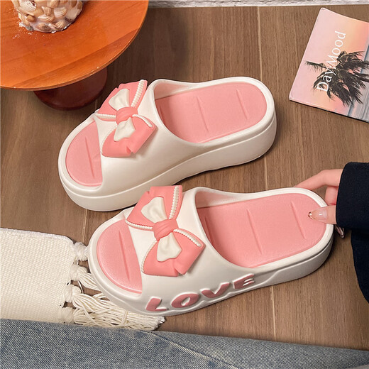Autumn summer high heel thick-soled slippers for women in summer new cute bow home bathroom sandals to increase height wearing sponge cake sole beige 38-39 suitable for sizes 37-38