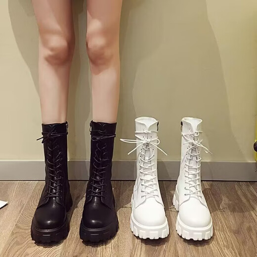 淇丝蔓35-43码 大码女鞋前系带中筒马丁靴女41新款韩版厚底粗跟机车靴42 米白色 38