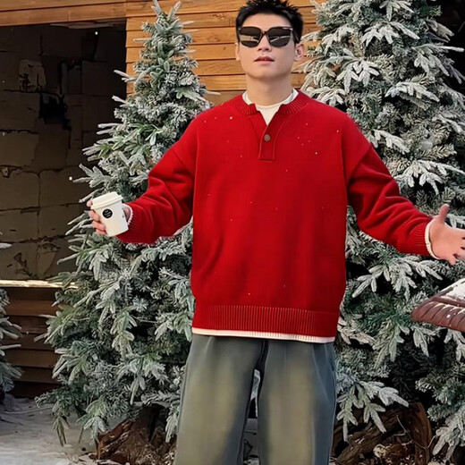 Siyou Zodiac Year Sweater Men's Autumn and Winter Design Lazy Henley Collar Sweater Men's Red Christmas Bottoming Shirt Red Fake Two-Piece Sweater XL (125-140Jin Jin is equal to 0.5kg)