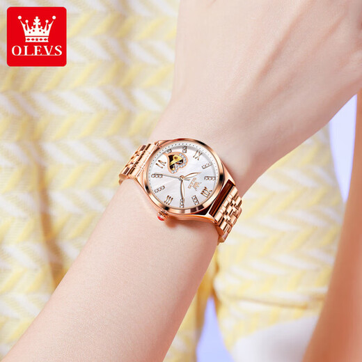 
OLEVS Swiss certified brand watch women's fully automatic mechanical watch fashion temperament women's watch hollow women's watch gift OLEVS-6636-Rose steel white surface