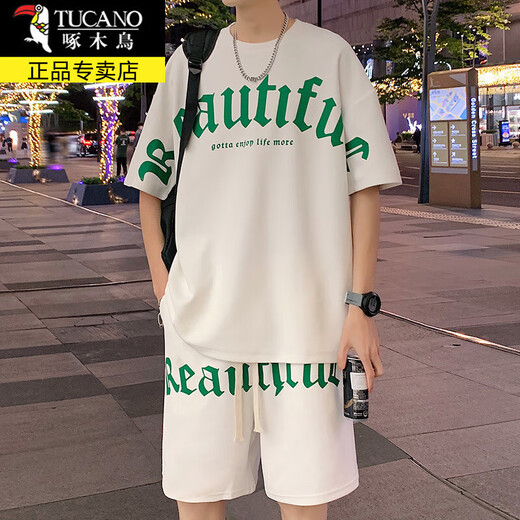 Holzspecker (Tucano) Ice Seide Kurzärärmelte T-Shirt-Herrenanzug Sommer kurzärmelige Männer mit halbärmeligem Gelegenheits-Basis-Hemd Summers Set Herrenanzug fks653 Weißer Anzug XL etwa 130-150jin [Jin gleich 0,5 kg]