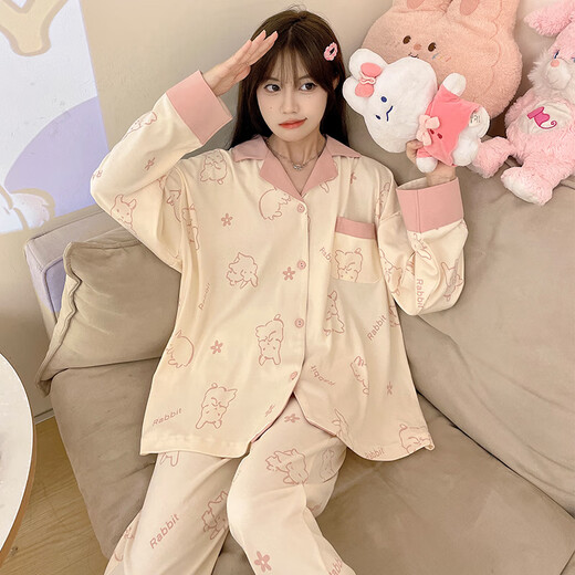 Leichte Yilinju-Pyjamas für Frauen im Frühjahr und Herbst Baumwolle langärmelige Strickjacke japanische süße Linie Kaninchen einfache Style Anzug Sommer Hauskleidung 6169 Smile Rabbit M.