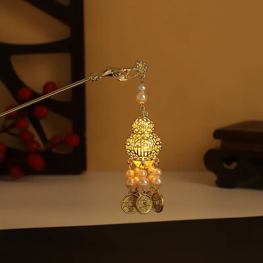Indian rice (ENRMIIV) high-end luminous hairpin, retro tassel palace lantern hairpin, women's ancient style headwear, Hanfu hair accessories, Mid-Autumn Festival hairpin, golden lantern hairpin, red pavilion