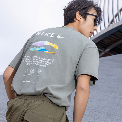 Nike (NIKE) short-sleeved T-shirt for men 2025 summer new sportswear knitted breathable round neck half-sleeved top HF6172-053 HF6172-053 Gray pure cotton L Recommended 130-150Jin [Jin equals 0.5 kg]