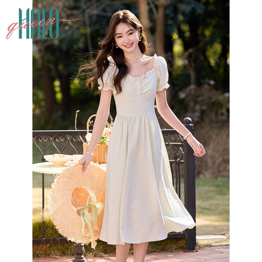 Halo Queen短袖连衣裙女夏季法式甜美风长裙泡泡袖小众气质连衣裙H52Q006