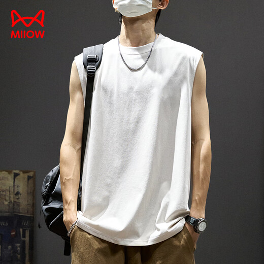 Cat vest men pure cotton loose sleeveless top men solid color base shirt sports fitness vest white L
