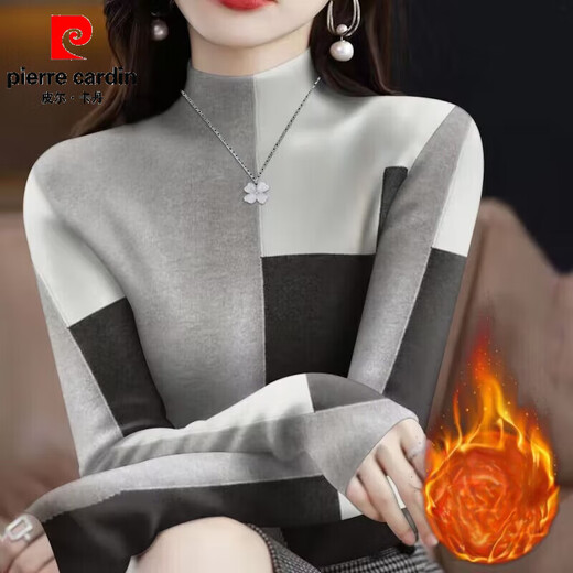 Pierre Cardin German velvet bottoming shirt for women with T-shirt, stylish half turtleneck top for women, 2026 spring and autumn new style, color matching, fashionable and versatile, black gray XL recommended 110-125Jin Jin equals 0.5 kg
