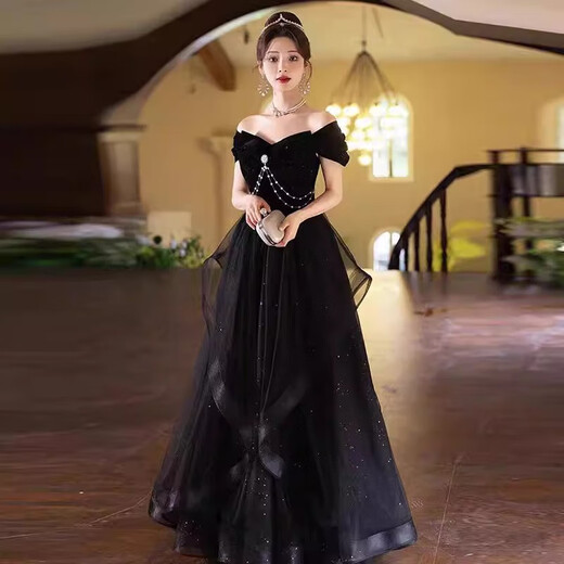 AIFANGNIAO high-end French dress women's banquet evening dress one-shoulder host light luxury niche adult ceremony student art test skirt black L