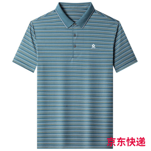 梦特娇男士桑蚕丝短袖t恤夏季中年爸爸装休闲条纹翻领polo衫 sj1503-绿色 M  165适合100-115斤