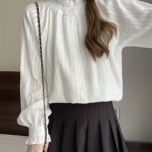 Hao'e French sweet white shirt for women with stand-up collar and earrings spring and autumn long-sleeved tops Japanese layered lace shirt as base stand-up collar and earrings white shirt M