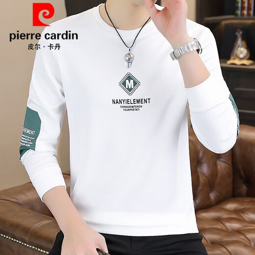 Pierre Cardin men's sweatshirt autumn and winter velvet white autumn long-sleeved T-shirt spring bottoming shirt spring clothing men's trend 9905 spring and autumn white thin M recommended 90-110Jin Jin equals 0.5 kg