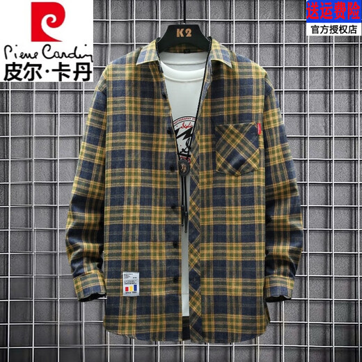 Pierre Cardin 2025 spring and autumn pure cotton shirt men's long-sleeved youth plaid cotton non-iron shirt trendy brand loose casual jacket 2111 green and yellow plaid recommended 125-145Jin Jin equals 0.5 kg XL