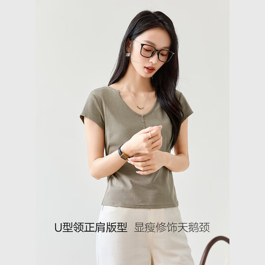梵希蔓纯色正肩U领短袖T恤女2025年夏季新款简约百搭修身显瘦上衣 M9731 灰绿色 XL