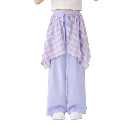 moonkids女童阔腿裤冰丝裤子2025夏季新款儿童屁帘休闲防蚊裤女孩大童夏装 15290紫色阔腿裤+9889白色短袖 130 cm