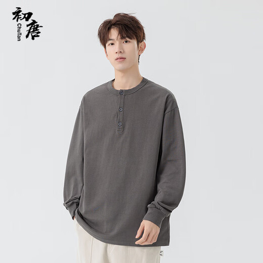 Early Tang heavyweight pure cotton long-sleeved T-shirt men's washed Henley round neck spring and autumn pullover clothes gray 2XL