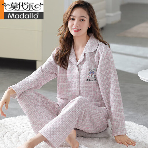 莫代尔睡衣女春秋空气夹层加厚长袖纯棉开衫薄夹棉女式家居服套装 XP4839 XL