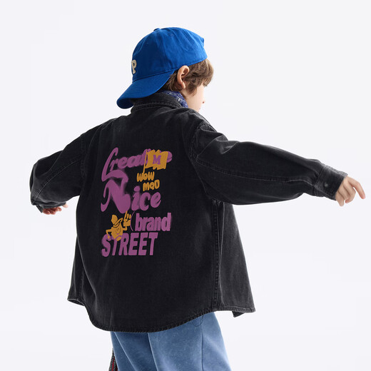 MQD MQD children's clothing children's shirt spring new lapel long-sleeved washed denim shirt fashion printed top carbon black 140