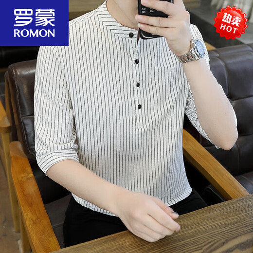T-shirt de quart de quart d'été Romon pour le collier de support à rayures minces pour hommes T-shirt à moitié à manches pour hommes à manches chinoises pour hommes tendro de style chinois 7899-Black M