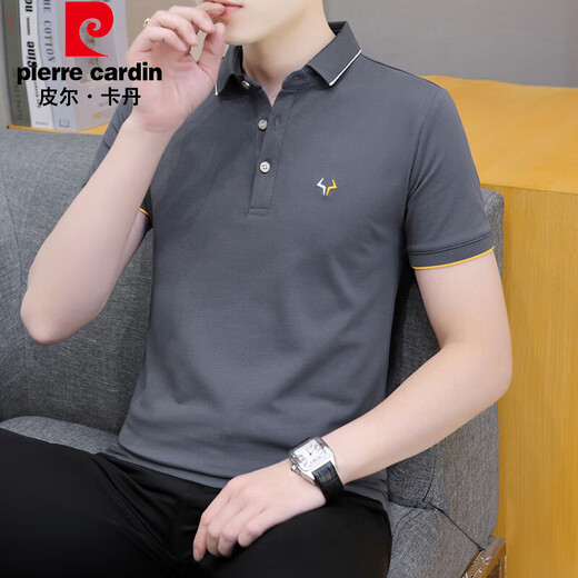 皮尔卡丹（pierre cardin）珠地棉短袖t恤男士潮流2025夏季新款商务青年翻领POLO半袖上衣服 683烟灰色 L