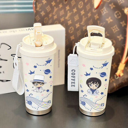 Conan Water Cup Thermos Stroh Kaffeetasse Einfache Ins Hochwertige Student tragbare 316 Edelstahl BXAB15786 Anime Men Keramic Clodding Inner Liner 520ml mit Lanyard