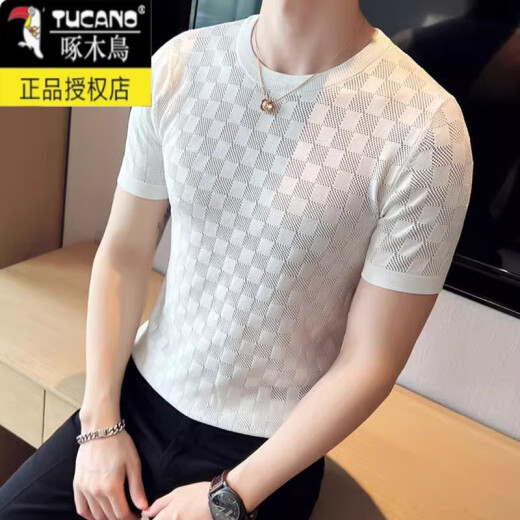 啄木鸟冰丝清凉镂空针织短袖T恤男白色修身弹力轻奢棋盘格子T恤 T9756圆领短袖T恤白色 M 建议体重100-110斤