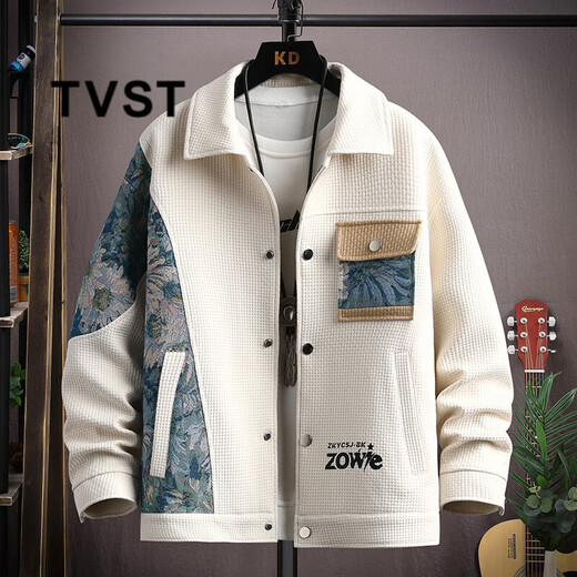 TVST Light Luxury Brand Men's Waffle Casual Jackets Men's 2025 Spring and Autumn New Loose Lapel Tops 525 Beige White Cotton Style Thickened 2XL (Approximately 140~160 Jin Jin is equal to 0.5 kg can be worn)