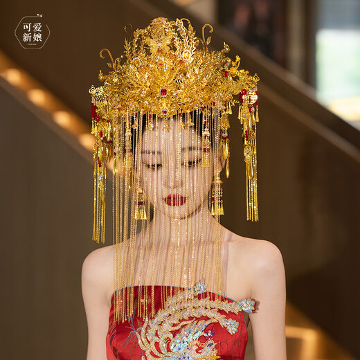 Shu Mo bride Ming Dynasty Hanfu headdress 2024 new high-end heavy industry gold and red phoenix crown Xiamei hair crown Chinese style Xiuhe hair accessories gold and red happy word butterfly phoenix crown (full crown) + earrings