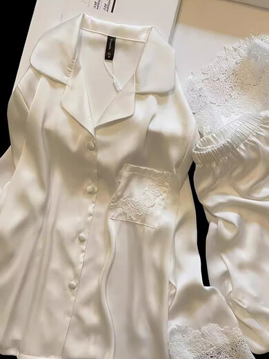 Mobeihai 2025 neuer langärmeliger Pyjamas für Frauen im Frühling und Herbsteise Seiden einfache Heimkleidung für Sommerkleidung 13533 Moonlight White M.