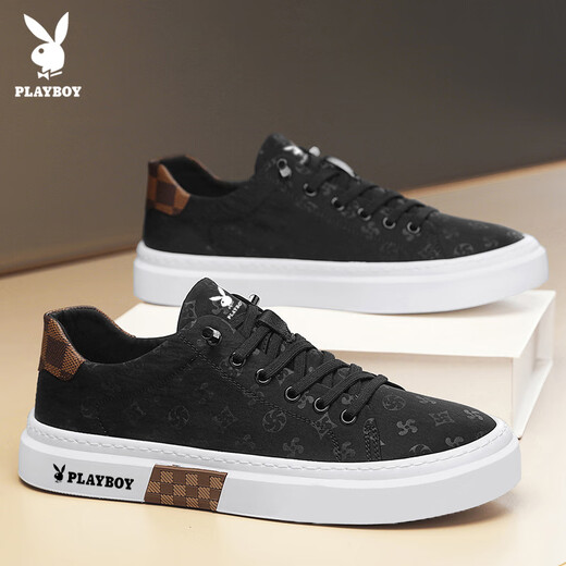 Playboy (PLAYBOY) men's shoes 2025 summer canvas shoes men's breathable board shoes ice silk casual sneakers black 42
